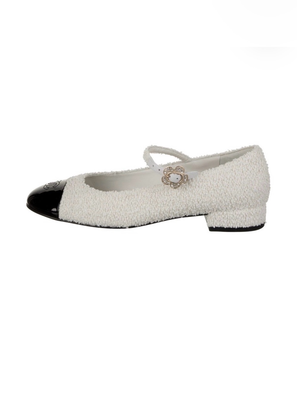 CHANEL White Bouclé Mary Jane Flats with Black Patent Cap Toe